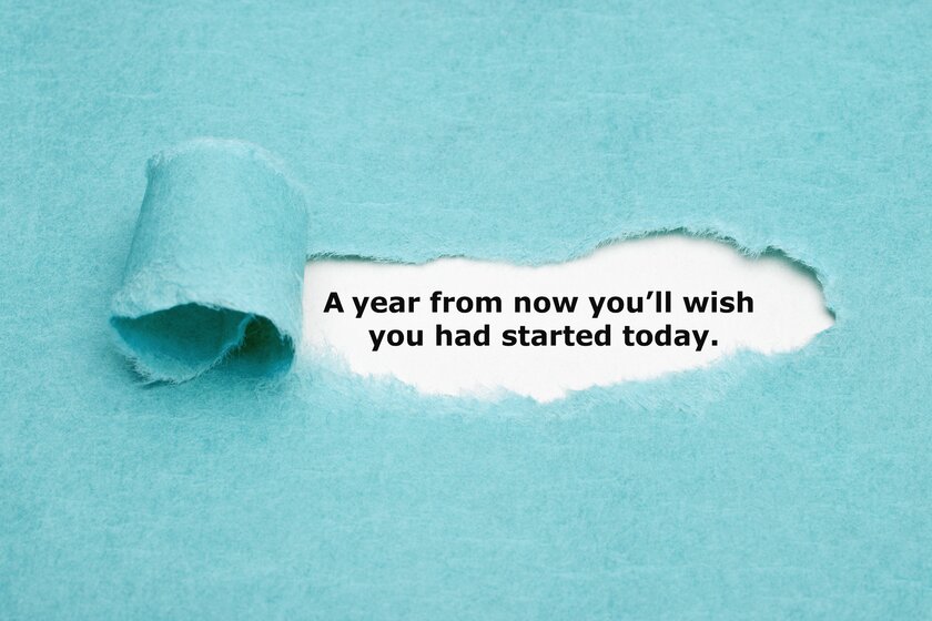 Motivational quote "A year from now you'll wish you had started today" appears behind torn blue paper.
