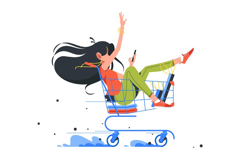 Comic einer jungen Frau in rollendem Einkaufswagen mit Tüten bepackt die nächste Bestellung am Smartphone aufgebend.