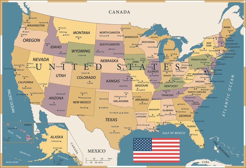 Map of the United States with borders and flag.