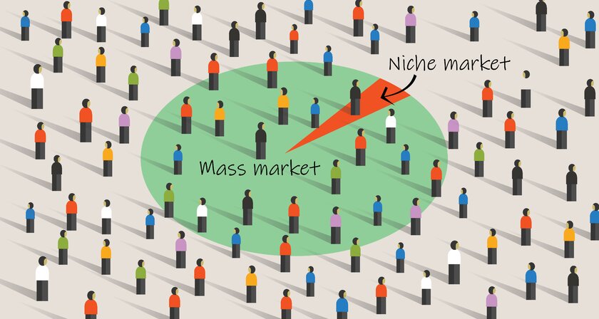 Grafik zur Veranschaulichung von Massen- und Nischenmarkt mit vielen kleinen Spielfiguren.