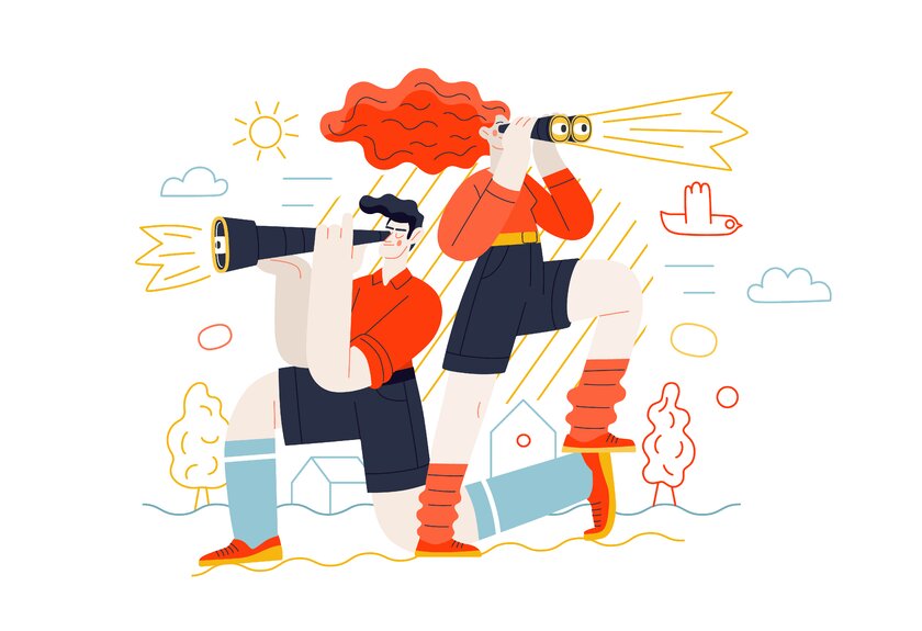 Illustration ein Mann und eine Frau blicken durch Fernglas und Fernrohr als Konzept für Suchmaschinenoptimierung.