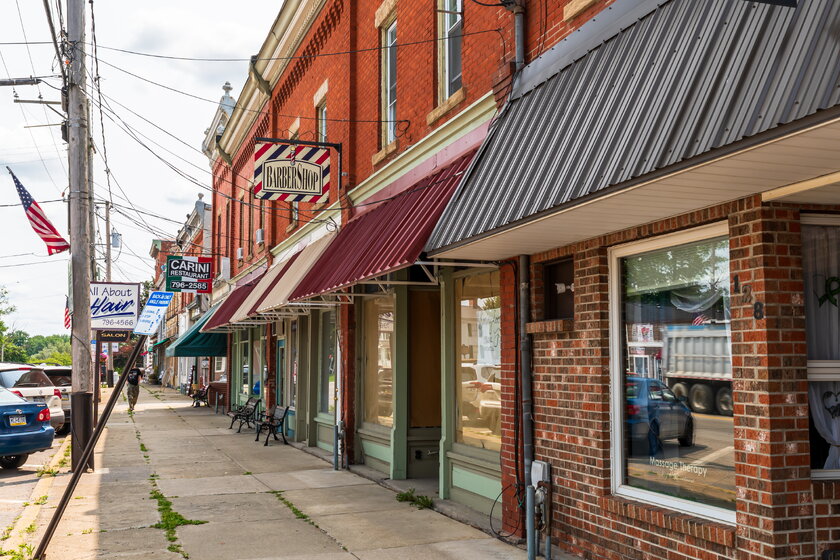 View of small business storefronts on High Street in Waterford, Pennsylvania, U.S.