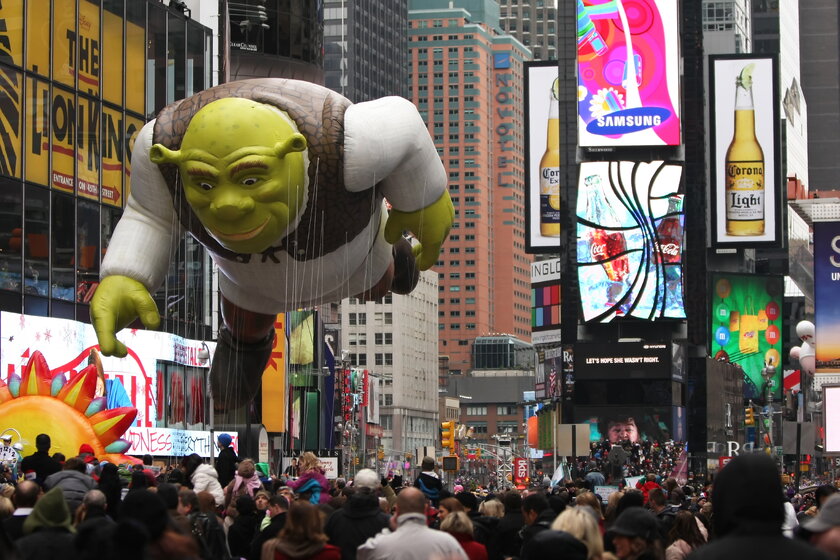 Shrek balloon flies at the Times Square Annual Macy's Thanksgiving Day Parade in New York City.