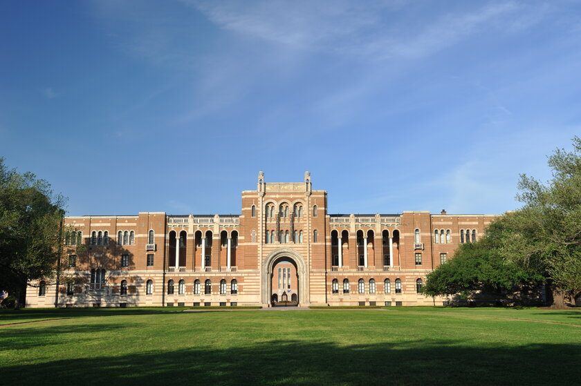 View across the wide lawn in front of Lovett Hall at Rice University.