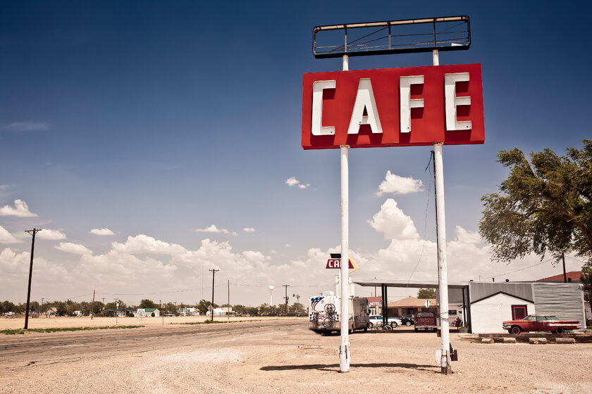 Café sign along the historic Route 66 in Texas.