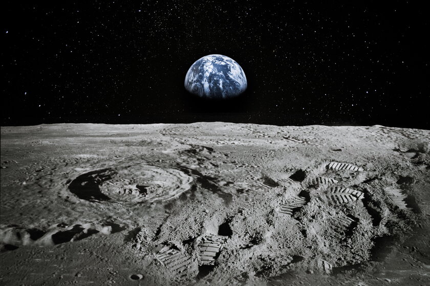 Lunar limbs with Earth rising, footprints hinting at human presence. NASA elements included.