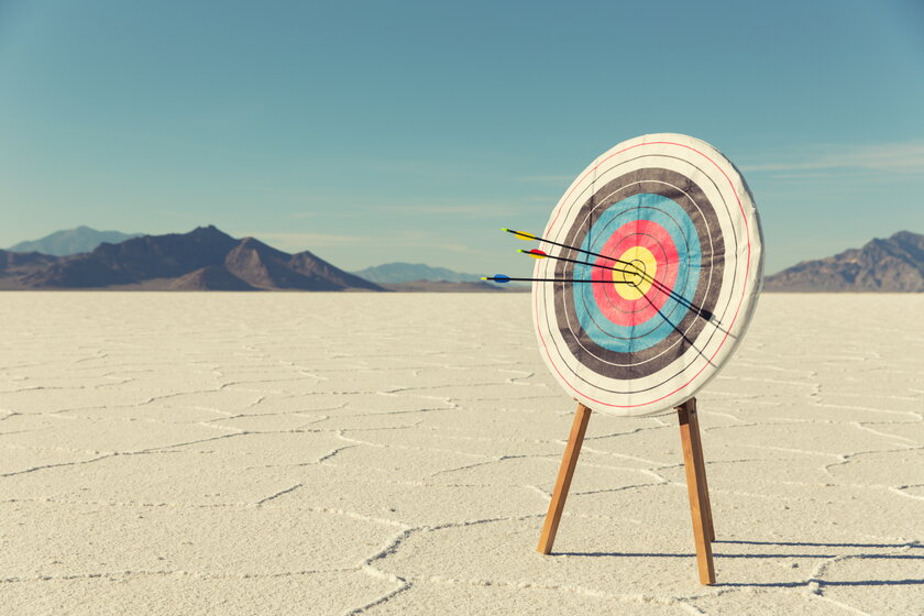 Bow and arrow target with arrows in the desert.