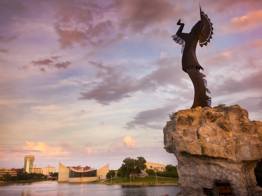 Sculpture "Keeper of the Plains" at the point where the Big and Little Arkansas rivers join together in downtown Wichita.