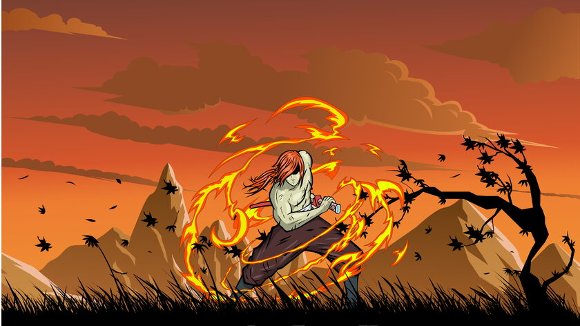 Bild Anime-Samurai Anime-Samurai in einem Tal aus hohem Gras zieht ein Schwert mit Flammeneffektkraft aus der Scheide.