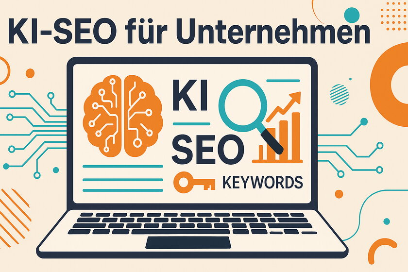 Bild KI-SEO Illustration eines Laptops mit KI-Gehirn, einer Lupe ueber “SEO”-Grafik und einem “KEYWORDS”-Schluessel.