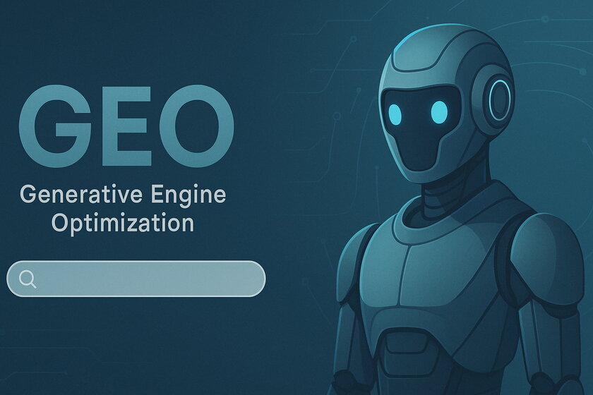 Image GEO Robot A futuristic chatbot, a search bar, and the writing “Generative Engine Optimization”.