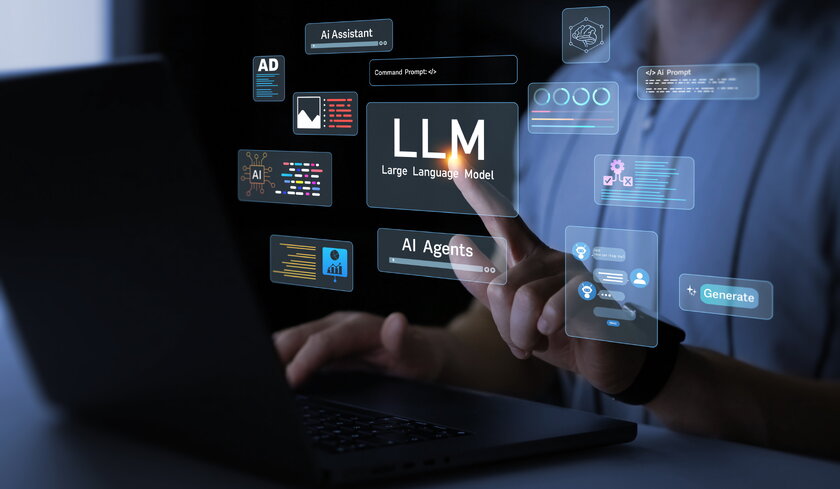 Benutzer arbeitet mit KI-Agenten im Kontext ihrer technologischen Grundlage (Large Language Model, LLM).