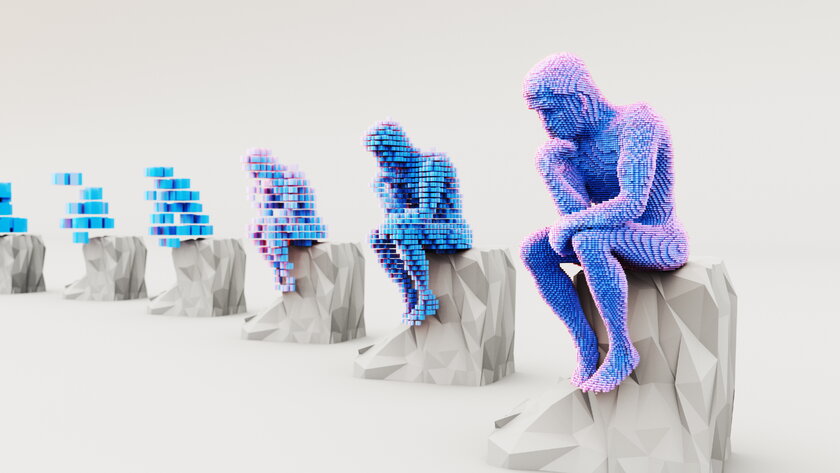 Von links nach rechts: von einfachen Modellen zu neuronalen Netzwerken und Cloud-Symbolen – in Denkerpose antiker Statuen.