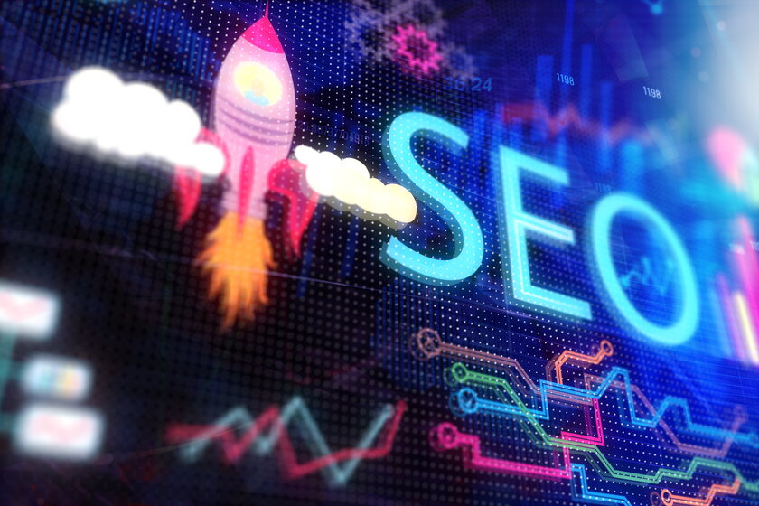 Bild SEO-Turbo Kreative SEO-Kulisse mit Suchmaschine-, Startup- und Technologie-Motiven.