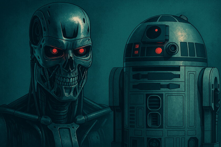 Image AI Doom vs. AI Boom Bedrohlicher humanoider Terminator-Roboter mit gegenüber einem freundlichen, runden Roboter aus dem Star-Wars-Universum.